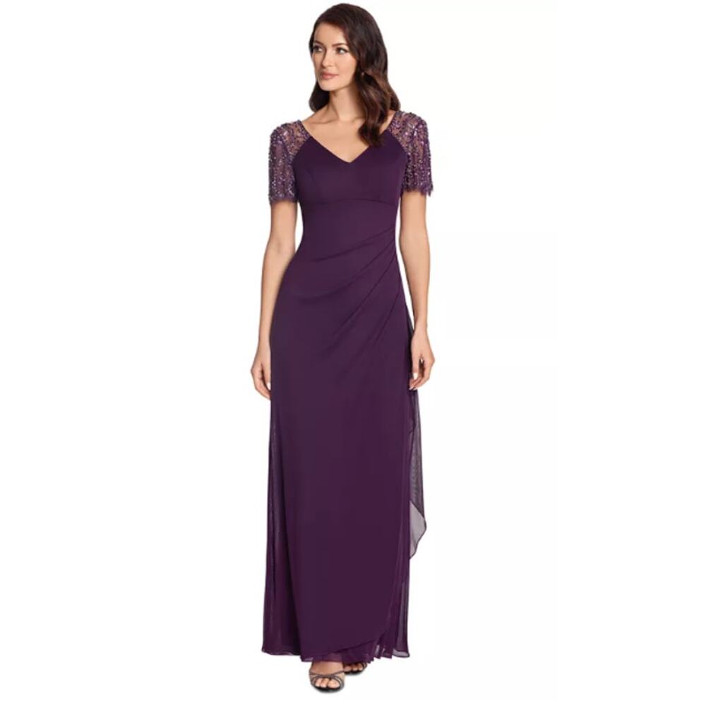 Xscape Evening Dress Plum Lace Draped Formal Beaded Flutter Sleeves Size 16 NWT - Picture 3 of 10